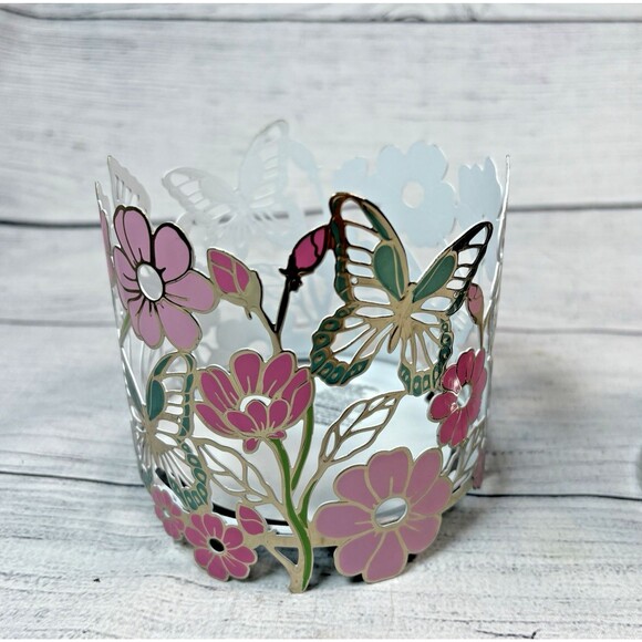 2 Bath & Body Works 3-Wick Candle Holders Butterflies Garden Pink Dahlia Pdstl - Picture 2 of 8